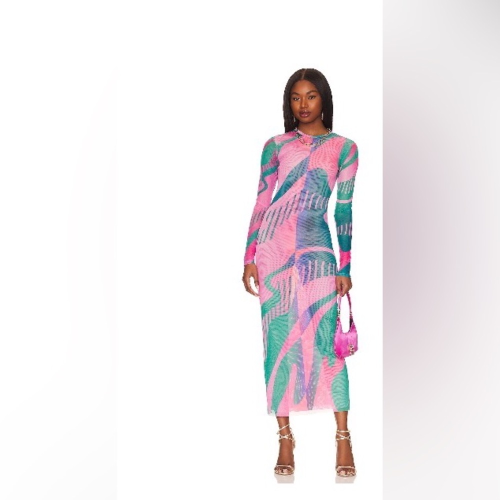 AGUA BENDITA ROBIN MIDI DRESS- SIZE M- LIKE NEW-PINK MULTI COLOR PRT-MESH LINING